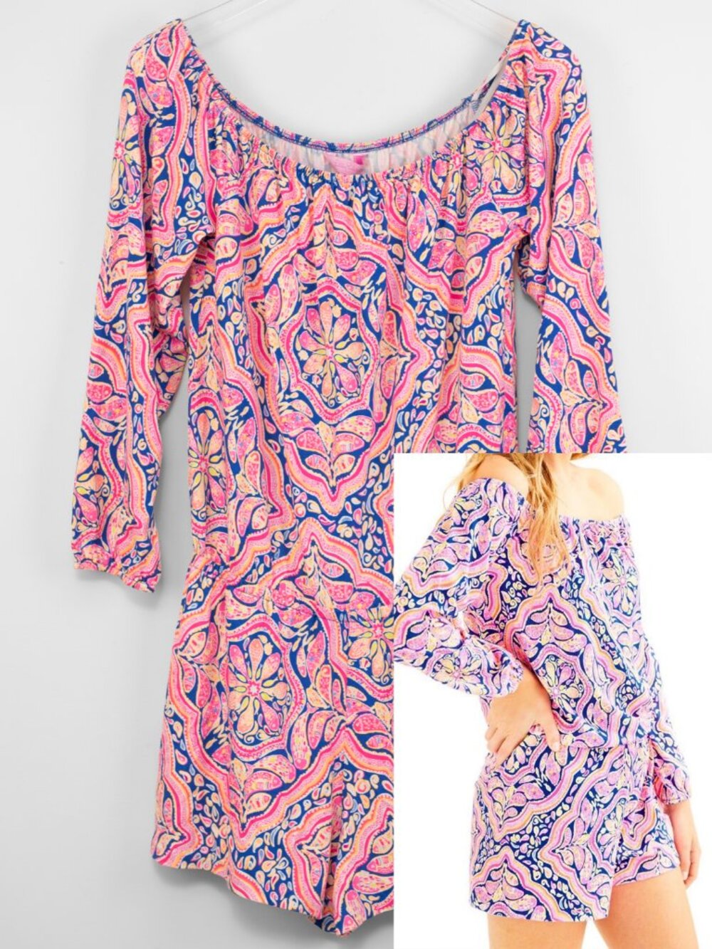 Lilly Pulitzer Lana Romper Off The Shoulder Can't Resist Print Pink Blue Medium